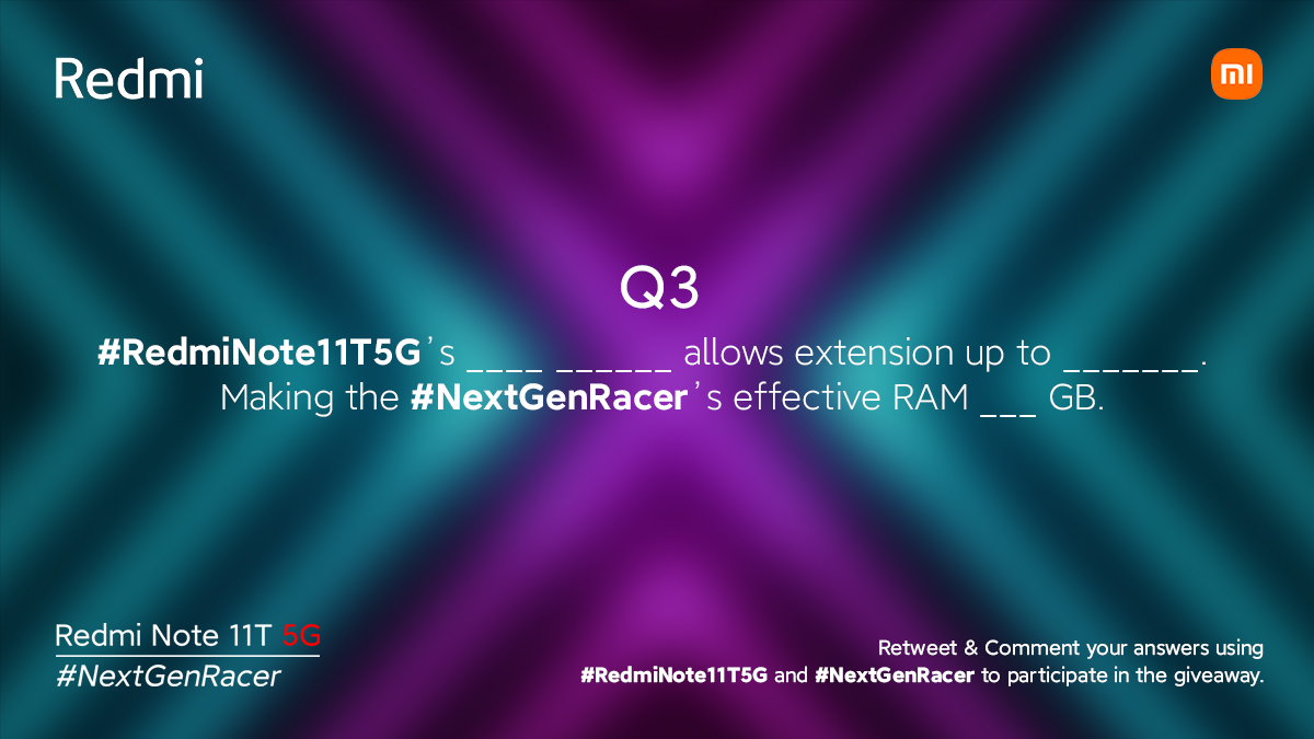RedmiIndia's tweet photo. 🏁Here's the 𝐭𝐡𝐢𝐫𝐝 #NextGenRacer Question! 
Shifting gears for this one, let's see if you can answer all 3 correctly
😉
😉
To participate, RT &amp; Comment your answers with ⬇️#RedmiNote11T5G &amp; #NextGenRacer. https://t.co/6rCuVfrics