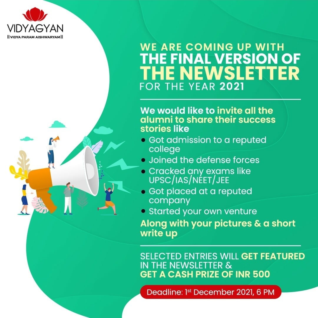 VidyaGyanAlumni's tweet photo. We are coming up with the final version of our newsletter for 2021. We would like to invite all the Alumni to share their success stories with us, along with your pictures and a short write-up at vidyagyanalumnirelations@gmail.com
#VidyaGyan #VidyaGyan #Newsletter #AlumniPost https://t.co/h42Fmxi9EA