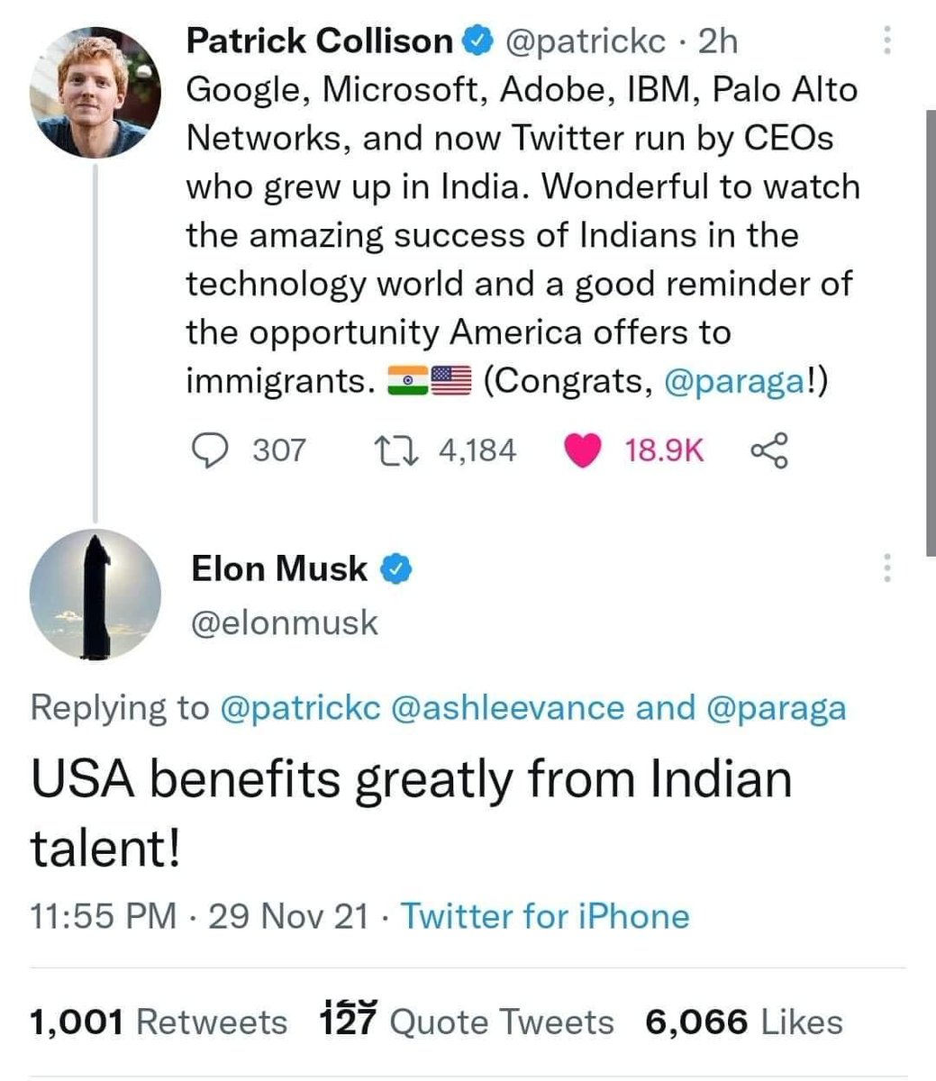 moodiesiddy's tweet photo. Elon Musk's one statement says a lot. It is certain that Indians have helped #USA economy boost. 

Indians in technology world have gained amazing success. 

#ElonMusk #patrickCollison #technology #Indians https://t.co/JVgTAZoOCI
