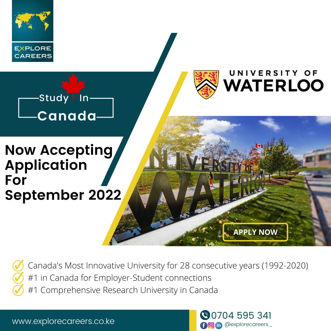 explorecareers_'s tweet photo. University of Waterloo is inviting you to apply for their #september2022 in-take! Take action now and begin your studying abroad journey with us. 

Talk to us for more information +254 704 595 341 https://t.co/1g3HlsgtB3