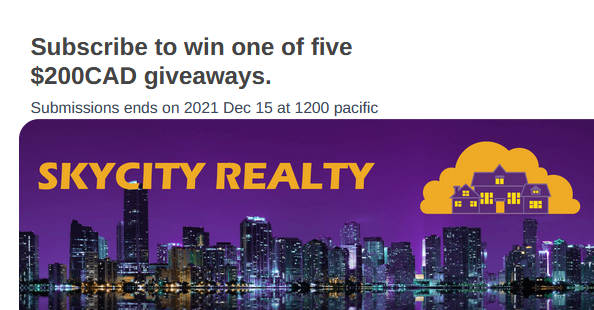 SkyCity_Realty's tweet photo. 2022 is only a month away, we would like to celebrate the end of the year with five giveaways of $200CAD.
https://t.co/ULCo1NJHmR

#realestate #zillow #Ibuyer #skycityrealty #giveaway #contest #realty #virtualrealty #forsale #forrent #forlease #realtor #hireaprofessional #FSBO https://t.co/ZtBCJkODhs