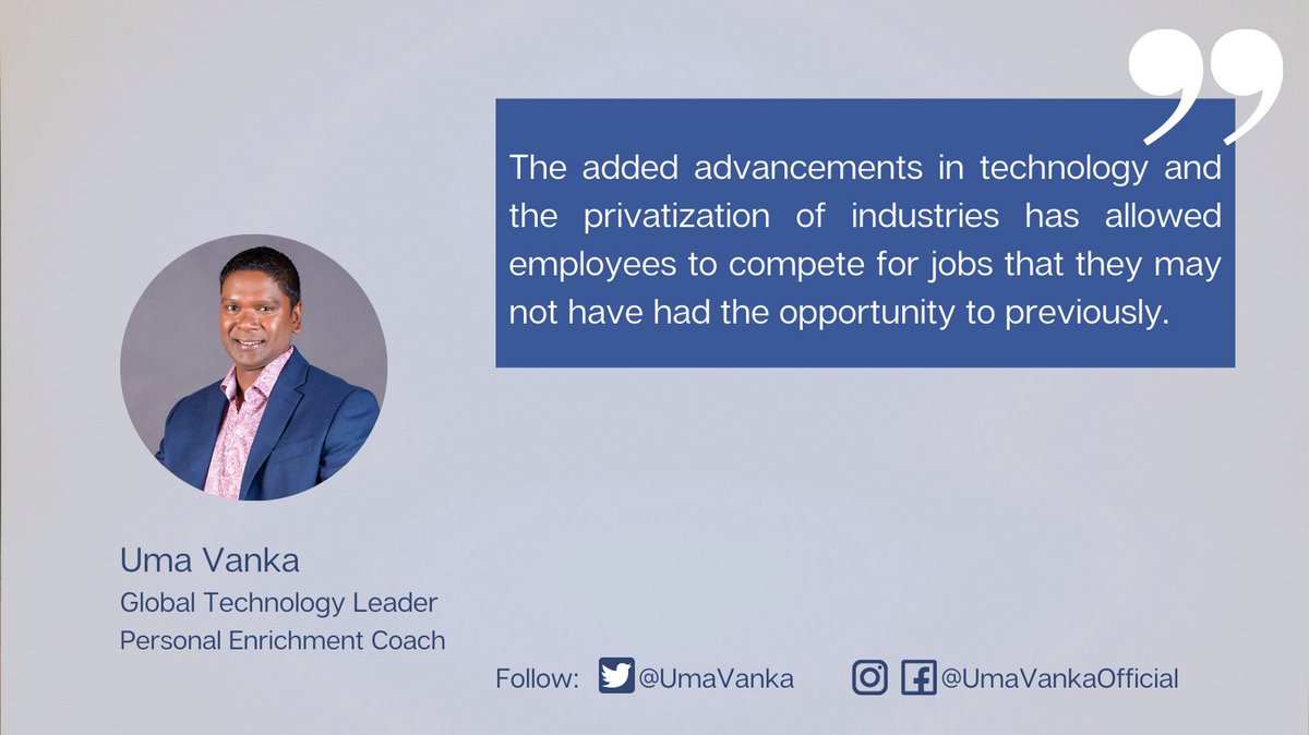 UmaVanka's tweet photo. #TechKnowTuesday #Career
The added advancements in technology and the privatization of industries has allowed employees to compete for jobs that they may not have had the opportunity to previously.
#UmaVanka
Technology & Personal Enrichment
#Business #Goals #Job #Fact https://t.co/2PgEvCoaVP