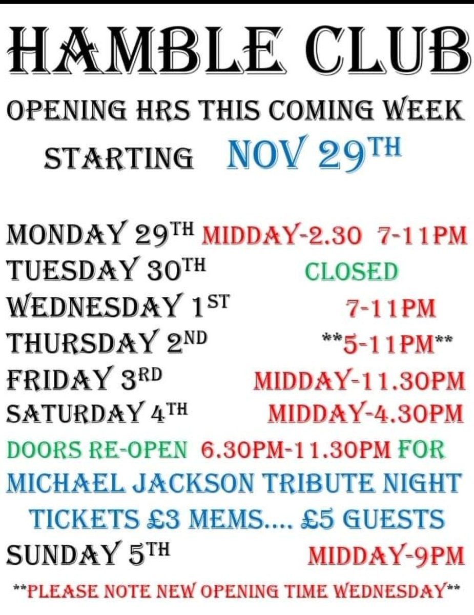 HambleClub's tweet photo. Opening hours for this coming week https://t.co/WAUOvyYlkc