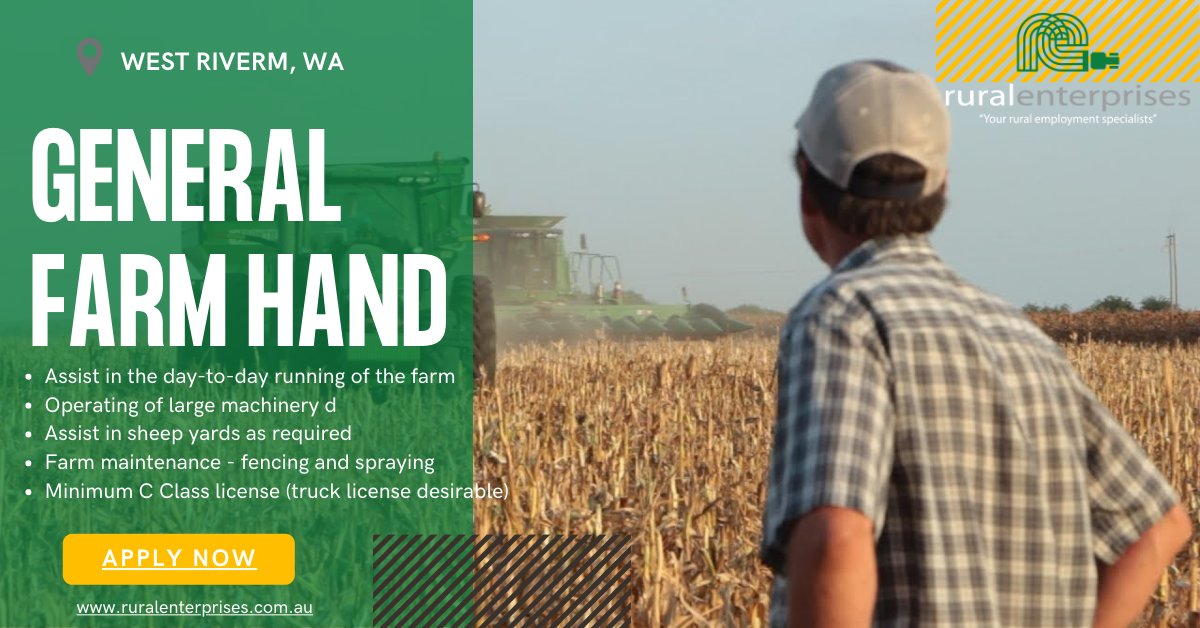**General Farm Hand, West River, WA (REF: 154510)**
ALL ENQUIRIES WELCOME - ruralent.recruitonline.com.au/jobs/view?id=1…