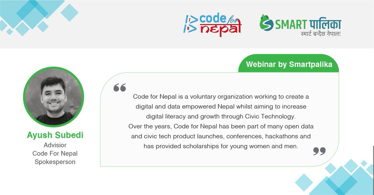 SmartPalika's tweet image. 𝐌𝐞𝐞𝐭 𝐎𝐮𝐫 𝐊𝐞𝐲𝐧𝐨𝐭𝐞 𝐒𝐩𝐞𝐚𝐤𝐞𝐫 🎉
@codefornepal is one of the organizations for our upcoming webinar "𝐓𝐡𝐞 𝐍𝐞𝐰 𝐋𝐚𝐧𝐠𝐮𝐚𝐠𝐞: 𝐃𝐢𝐠𝐢𝐭𝐚𝐥 𝐓𝐫𝐚𝐧𝐬𝐟𝐨𝐫𝐦𝐚𝐭𝐢𝐨𝐧 𝐒𝐭𝐚𝐤𝐞𝐡𝐨𝐥𝐝𝐞𝐫𝐬 𝐀𝐩𝐩𝐫𝐨𝐚𝐜𝐡𝐞𝐬 & 𝐖𝐚𝐲 𝐅𝐨𝐫𝐰𝐚𝐫𝐝".