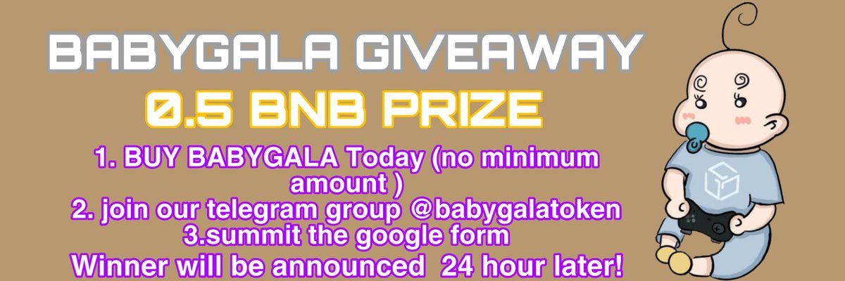 BabyGalaBsc's tweet photo. 💎💎💎 A winner would be chosen from every buyer who buys $BABYGALA today. Transaction hash ID should be submitted.
https://t.co/E7jpUNUfMt
Prize is 0.5 BNB🥂
Winner would be chosen at 9am utc✅✅✅
#BSC #BSCGems #100xgem #gala #Giveaway https://t.co/O8xMKlddU2