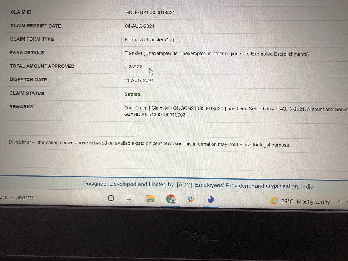 Haritmanek's tweet photo. @socialepfo @EpfoGurugram @EpfoGujarat please check the photo. Claim was made on 4th Aug ‘21, dispatched on 11th Aug ‘21, still is it not reflecting in transferred account. Why is it taking so long? Please speed up the process. https://t.co/Oowx9VUI5I