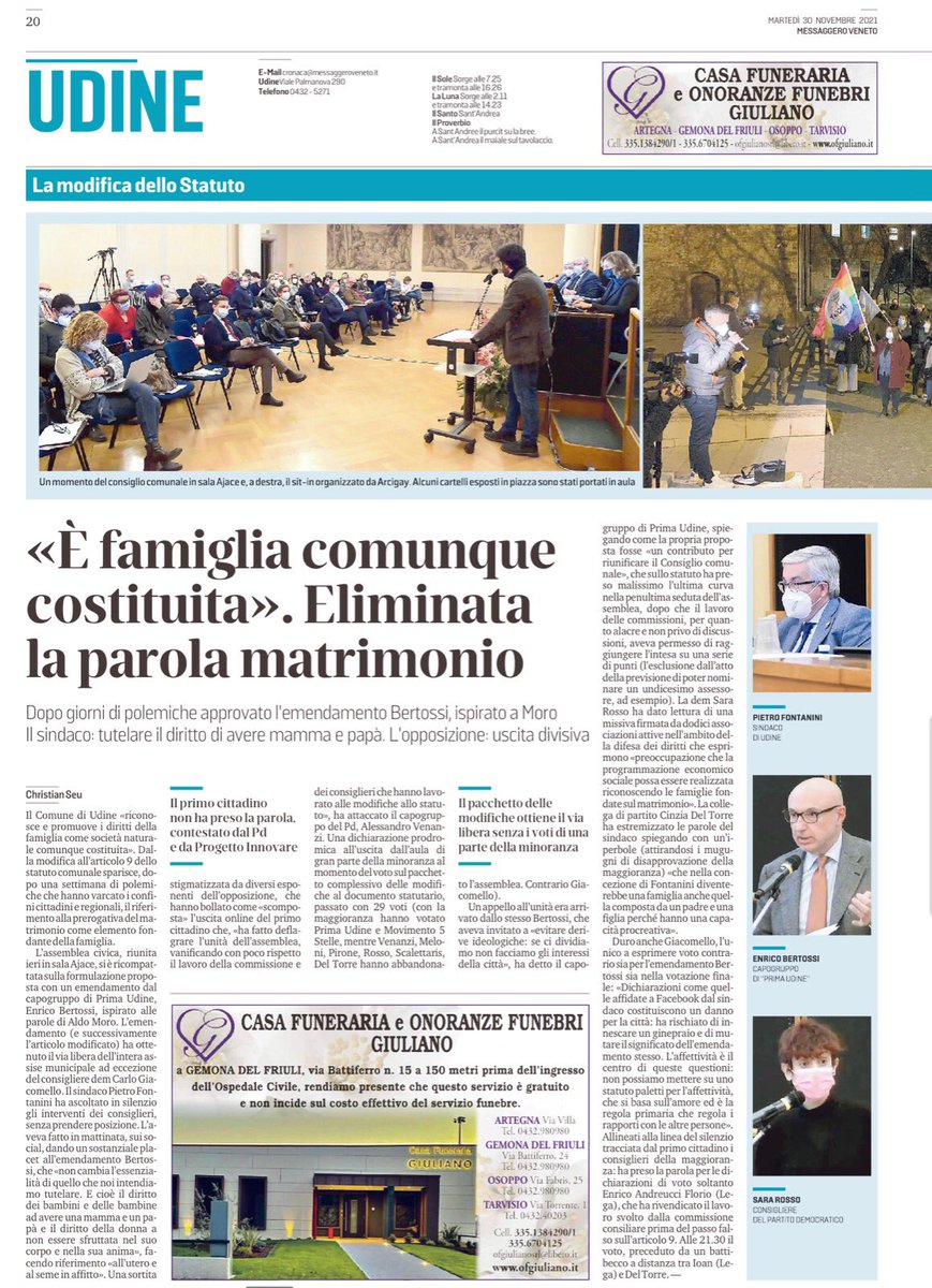 Enrico_Bertossi's tweet photo. Il nuovo statuto di #Udine è stato approvato con il voto determinante di #PrimaUdine.
Con la riformulazione del concetto di famiglia naturale è stato possibile votare un testo in cui riconoscersi senza sentirsi discriminati o lesi nei propri diritti e nelle proprie scelte. https://t.co/GXcpdd8oT5
