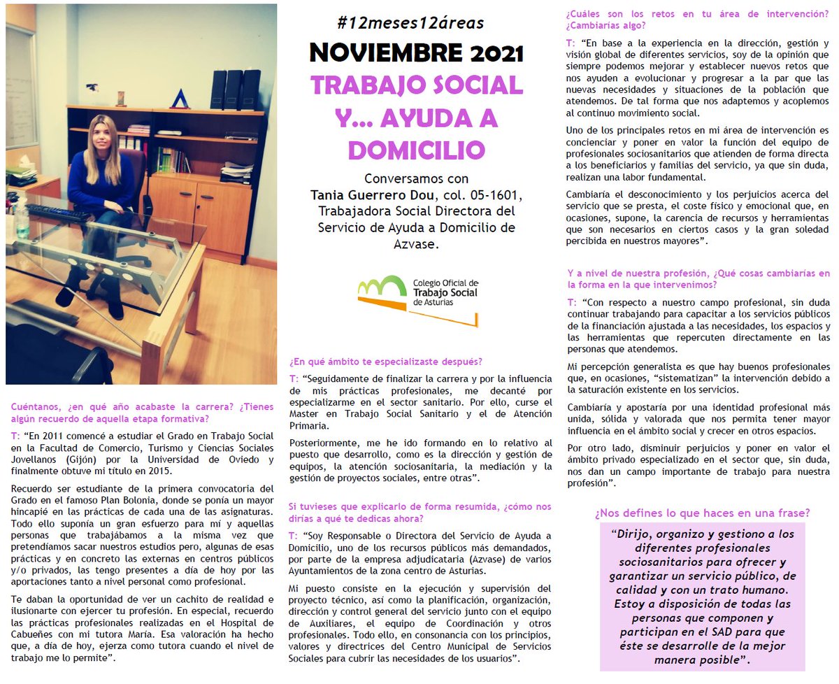 COTSATrabajoSoc's tweet photo. #12meses12áreas | Noviembre, Trabajo social y... ayuda a domicilio
Conversamos con #TaniaGuerreroDou, Trabajadora Social Directora del Servicio de Ayuda a Domicilio de #Azvase.
Además, gracias a #PedroMiguélez, ¡tenemos la versión de la entrevista en #asturiano! https://t.co/yvTSR6ZURf