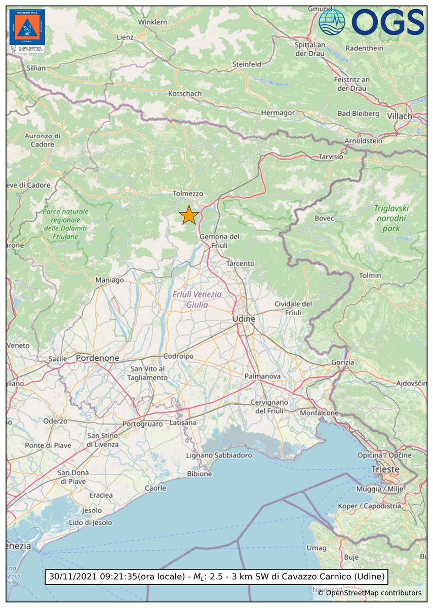 Segnalazione #terremoto di Magnitudo ML 2.5 registrata dalla rete sismometrica OGS Centro Ricerche Sismologiche con localizzazione automatica del 30/11/2021 ore 9:21.
Località 3km Sud Ovest di Cavazzo Carnico - Udine.
#SocialmediacommunityFVG