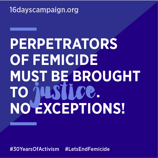 #LetsEndFemicide
#30YearsOfActivism
Visit 16dayscampaign.org for more information on how to get involved and check out the Femicide Advocacy Guide here: 16dayscampaign.org/wp-content/upl….
