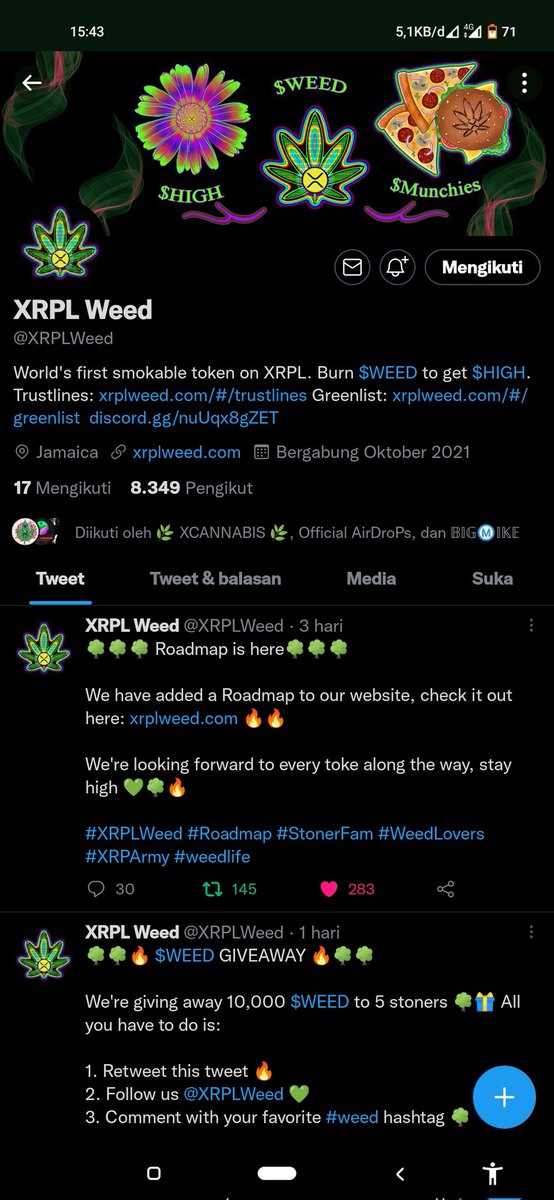 JalakDewata3121's tweet image. #XRPLWeed #Giveaway #WeedLovers #StonerFam 
It&apos;s a good project and strong team in a predictable and transparent road map,planned and projected,this is very interesting project. l am interested and I will support this project

@BanyumasMelada 
@SentotAlibasa3