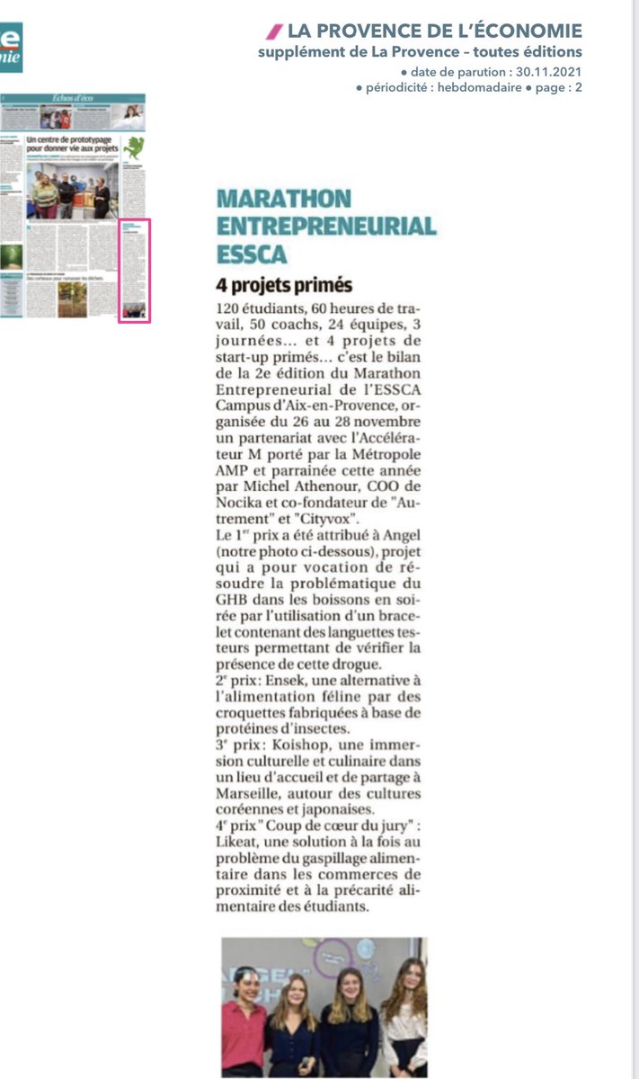 Bel article de <a href="/laprovence/">La Provence</a>  pour en apprendre un peu sur les projets primés🏆🏆🏆🏆 au Marathon Entrepreneurial de l’ESSCA Campus d’Aix-en-Provence. 
🙏 <a href="/AlumniEssca/">ESSCA Alumni</a> Samir Ayoub @Bertrand0Gael Michel Athenour <a href="/AinaAndriano/">Aina Andria</a> 
Bravo à tous nos étudiants 👏👏👏