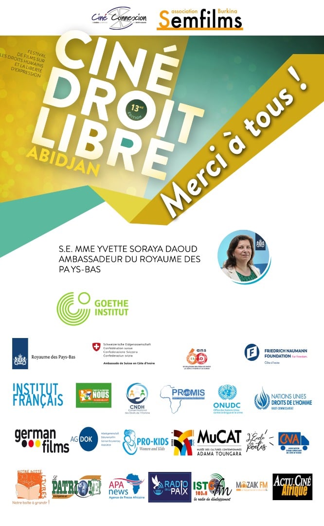 CDLAbidjan's tweet photo. La Coordination générale de @CDLAbidjan remercie vivement l'ensemble des partenaires qui ont permis la tenue de cette 13ème édition de Ciné droit libre . Merci spécialement à SE Mme Yvette Daoud marraine du festival. https://t.co/2sa97ZlGcp