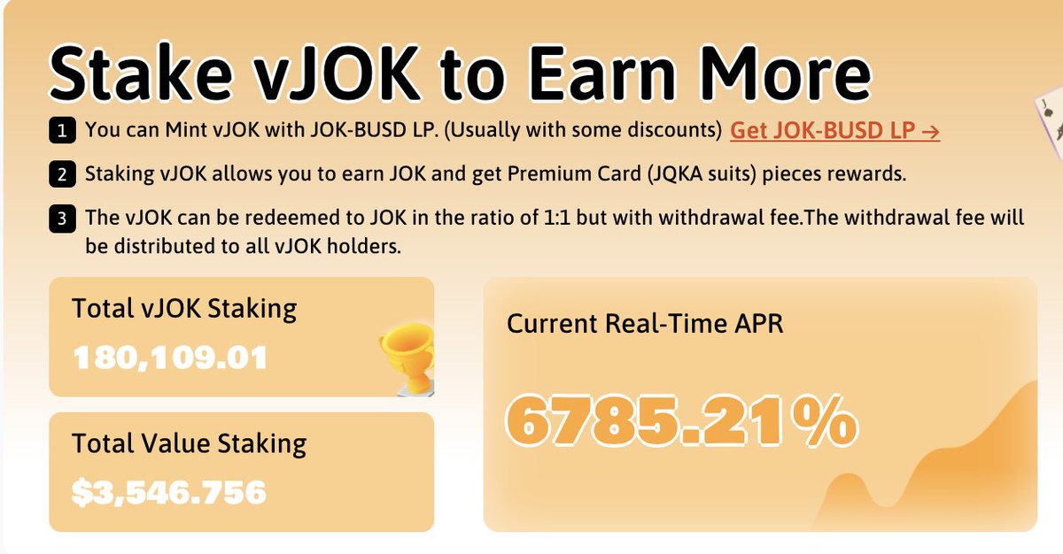 The vJOK module is online now! Stake to earn!  APR=6785% (🃏,🃏)

#BSCGems #PlayToEarn