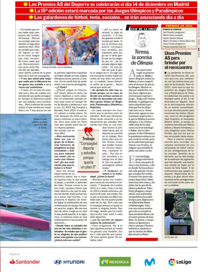 RFEPiraguismo's tweet photo. 🛶 #MEDIOS | 📑 Nuestra @teriportela 💚 protagonista HOY en la edición del @diarioas.

🗣️”Valoro aún más los éxitos desde que soy madre”

🏆 Teresa, al igual que @Saul_Craviotto recibirá el  ‘Premio AS del Deporte’ en su gala anual del 14 de diciembre 👏👏

#Entrevista #PremiosAS https://t.co/1zItZf50z2
