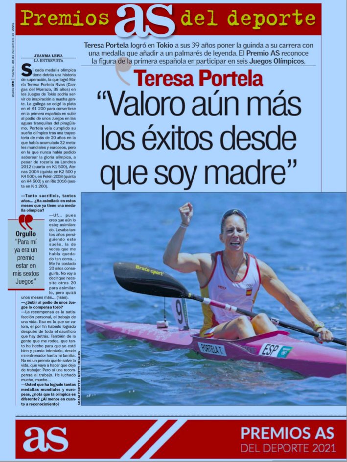 RFEPiraguismo's tweet photo. 🛶 #MEDIOS | 📑 Nuestra @teriportela 💚 protagonista HOY en la edición del @diarioas.

🗣️”Valoro aún más los éxitos desde que soy madre”

🏆 Teresa, al igual que @Saul_Craviotto recibirá el  ‘Premio AS del Deporte’ en su gala anual del 14 de diciembre 👏👏

#Entrevista #PremiosAS https://t.co/1zItZf50z2