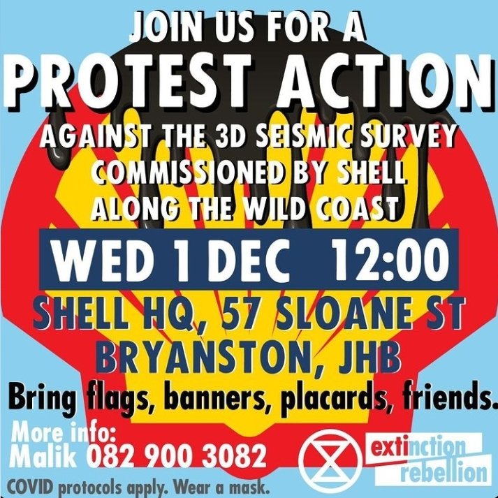 JustJamal_'s tweet photo. Shell is planning a seismic survey off the EC coast from 01 December. This involves sound waves to hit sea floor to detect oil/gas reserves. Marine life and  livelihoods of folks who depend on eco-tourism will be negatively impacted. Join the protest tomorrow. @yourmasedogter https://t.co/DZO5V7Knu2
