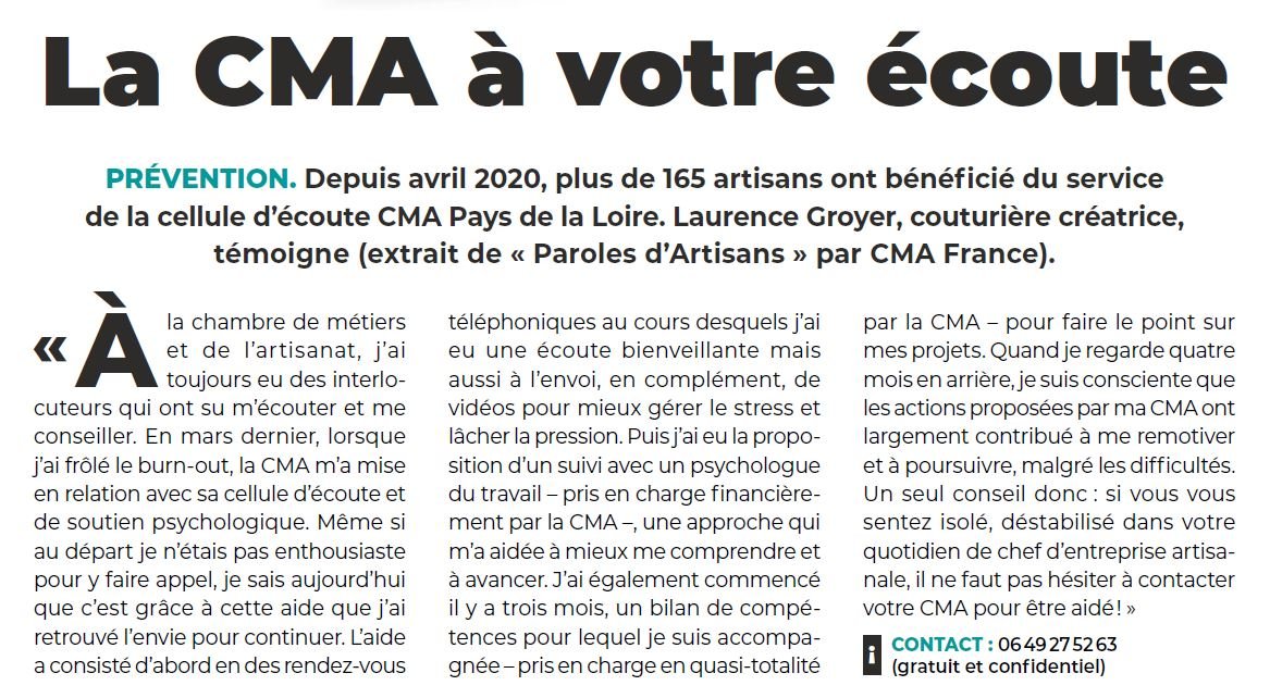 MissionPdlL_MA's tweet photo. La CMA Pays de la Loire à votre écoute ! @cmarPDL
#Prévention #parolesdartisans #sante https://t.co/Z9uz9SoH3Q