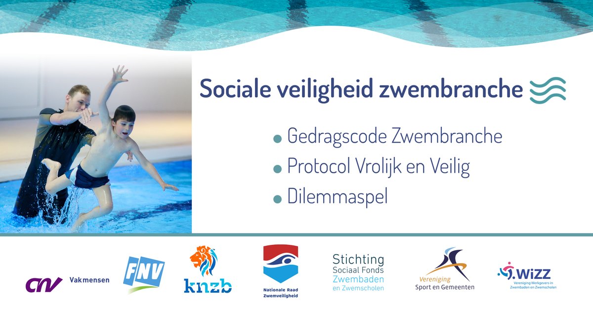 De Werkgroep sociale veiligheid zwembranche presenteert onder de vlag van het #NationaalPlanZwemveiligheid de herziene versies van de #GedragscodeZwembranche en het #ProtocolVrolijkenVeilig. 

#WiZZ <a href="/cnvvakmensen/">CNV vakbond</a> <a href="/FNV/">FNV</a> <a href="/KNZBned/">KNZB</a>  <a href="/VSGemeenten/">VSG</a> #SFZZ

gedragscodezwembranche.nl.