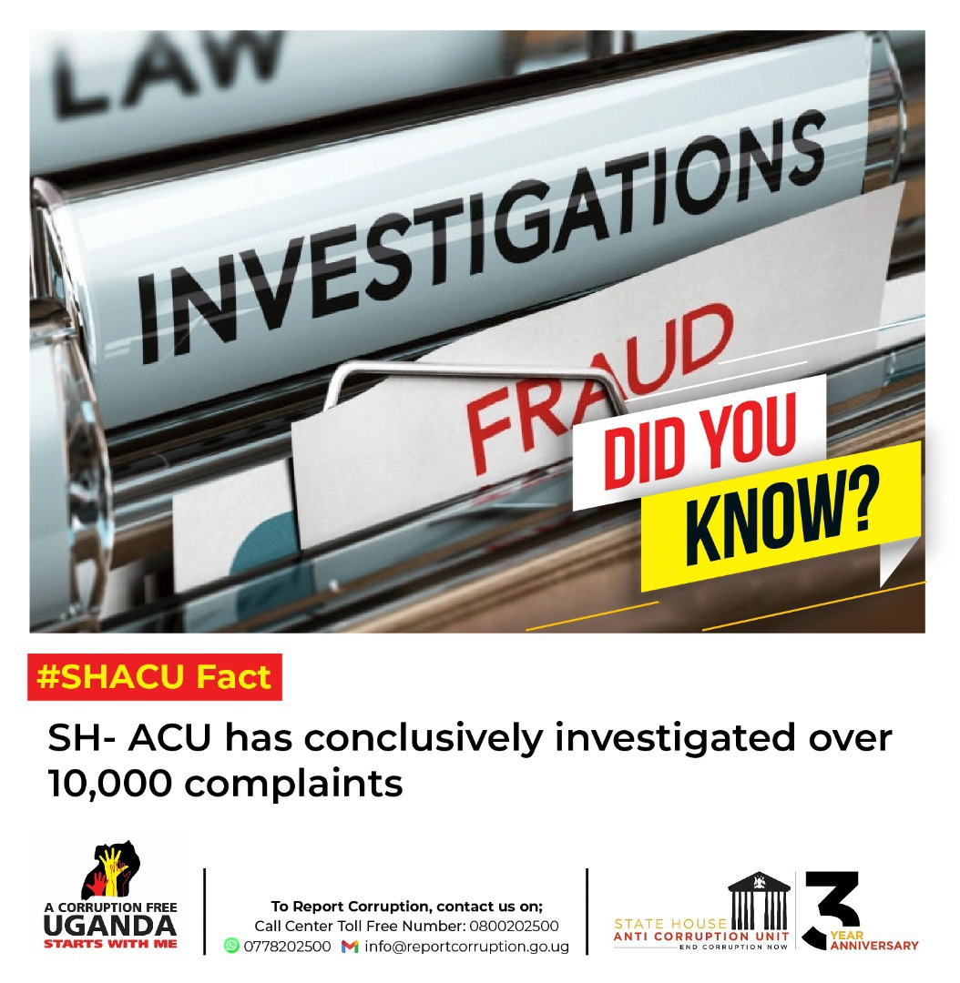 AntiGraft_SH's tweet photo. Fact:@AntiGraft_SH together with @PoliceUg, has concluded over 10,000 complaints in three years of existence.
#SHACUat3
#NoToCorruption
#ExposeTheCorrupt https://t.co/lpdBm8rit5