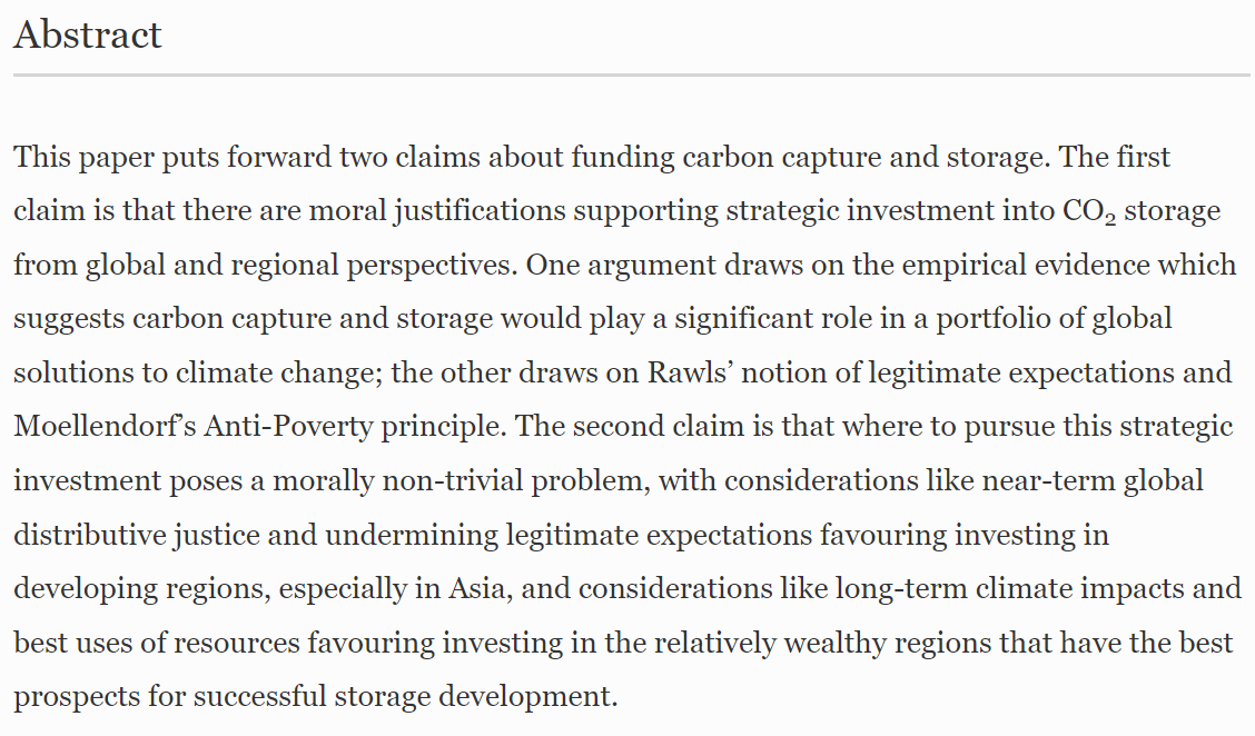 GrazPractical's tweet photo. Should we promote carbon capture and storage where we have greatest chance of success or where most needed? A new paper by Kian Mintz-Woo (formerly Graz, now @ERIUCC, @UCCPhilosophy, @IIASAVienna) and Joe Lane introduces this moral tension. 

https://t.co/DWfSKMvtG9 https://t.co/eInIgr13dw