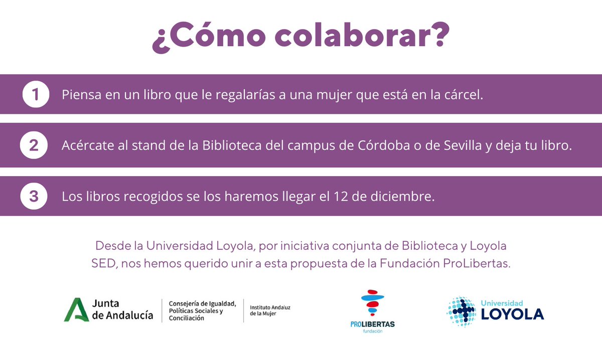 #MáslibrosMáslibres ¿Qué libro regalarías a una mujer encarcelada? ¿Qué dedicatoria pondrías? Llenemos la prisión de Mujeres de Alcalá de Guadaíra, la Unidad de Madres de Sevilla y el CIS ‘Luis Jiménez de Asúa’ de libros dedicados <a href="/LoyolaSED/">Loyola SED</a> <a href="/FProlibertas/">PROLIBERTAS</a> <a href="/BiblioLoyolaAnd/">Biblioteca de la Universidad Loyola</a>