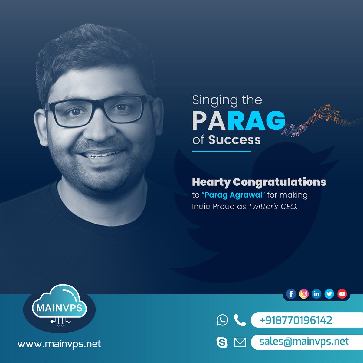 mainvps's tweet photo. Hearty congratulations to Parag Agrawal @paraga for making the country proud by becoming twitterโs CEO.
#paragAgrawal #twitter #twitterceo #proudindian #success #india #webhostingprovider #MainVPS https://t.co/PQNeygbKvc