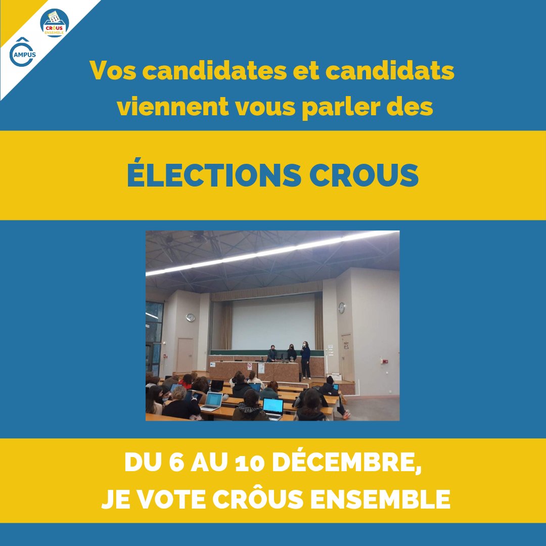 🔵 Élection CROUS 🔵

Les candidates et candidats de la liste 
CRÔUS Ensemble viennent vous parler des élections #CROUS ! 🗣
➡️Vous pouvez élire vos représentantes et représentants au CA du CROUS pour 2 ans 

🗳 Du 6 au 10 décembre, je vote CRÔUS Ensemble 🗳