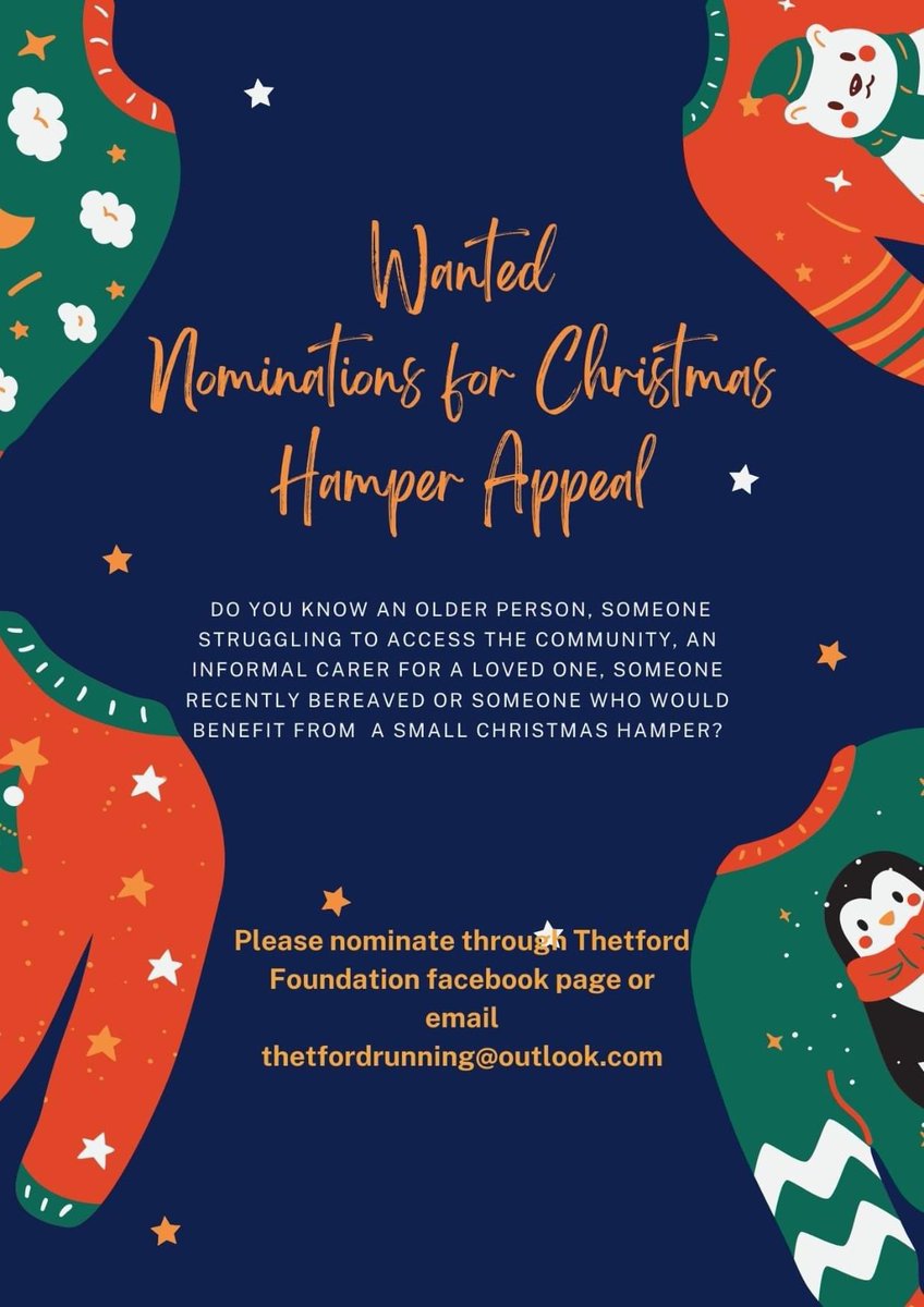 100marathons's tweet photo. It’s the Christmas Hamper Appeal at Thetford.  Do you know anyone to nominate to receive a hamper and also anyone wanting to help and donate items the drop off point is @CbcCentre #thetford @BreckCouncil  let’s support those who need a little help. #norfolk https://t.co/81fSZ2foiV