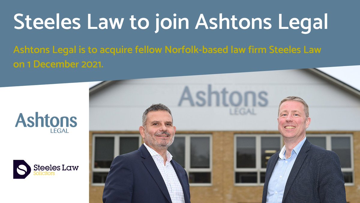 Ashtons Legal is to acquire Steeles Law on 1 December. New and existing clients will now have access to a strengthened, wider team at Ashtons offering a broad range of legal services and specialisms. #Norwich #Diss #Norfolk #Solicitors ashtonslegal.co.uk/insights/ashto…