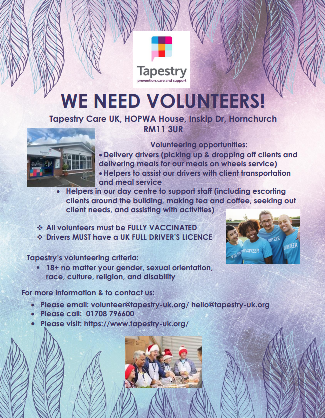 TapestryCare's tweet photo. Tapestry Care UK, an older charity that specialises in dementia care and respite care is in need of volunteers! Please see the flyer below for more information, thank you. @havering_vc https://t.co/LdOkOxd193