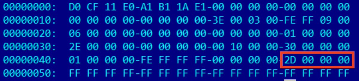 RE tip of the day: DIFAT is an array of 4-byte entries at the end of the MS-CFB header storing locations of FAT sectors. If it is not enough, the remaining entries are stored in dedicated DIFAT sectors pointed to in the header
#infosec #cybersecurity #malware #reverseengineering