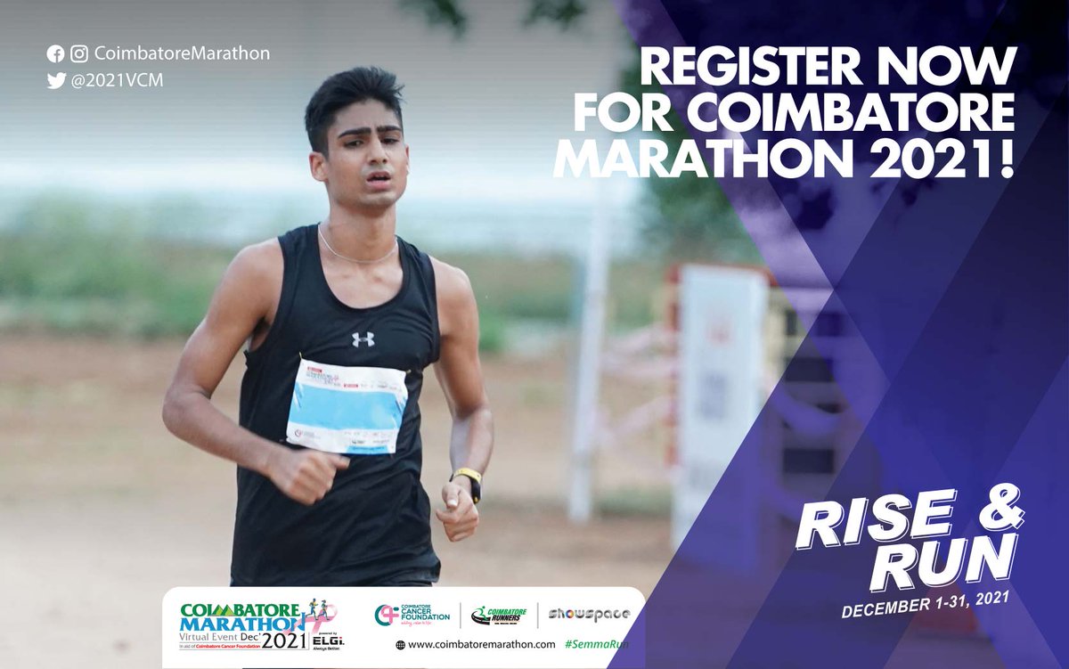 simplicitycbe's tweet photo. #advertisement
Register now at https://t.co/f9DnPCd8p9 for the virtual edition of the Coimbatore Marathon.
Your contribution goes to Coimbatore Cancer Foundation. Do your bit to help treat cancer patients.
Registrations closing on 10th December 2021.
#SemmaRun #marathon https://t.co/QNwTrag3jG
