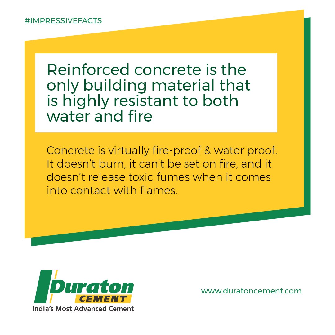 #facts :: Use Duraton Cement for concrete mixture. Concrete is the only building material that is highly resistant to both water &amp; fire.
— Concrete is virtually fireproof &amp; naturally water proof.
.
.
#facts #duraton #india #trivia #knowledge #funfacts #waterproof #fireproof