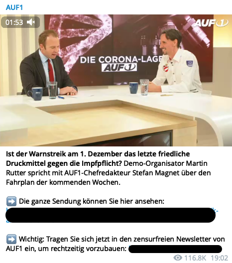 holnburger's tweet photo. Im Nachgang der Demo in Wien (#w2011) hat sich die Szene auf einen Streik als nächstes Mittel "geeinigt". Haupttreibende waren und sind dabei vor allem #StefanMagnet (#auf1) und #MartinRutter. Ihre Streikaufrufe wurden hunderttausende Male auf Telegram gesehen. 2/13 https://t.co/MrhR9o8rbk