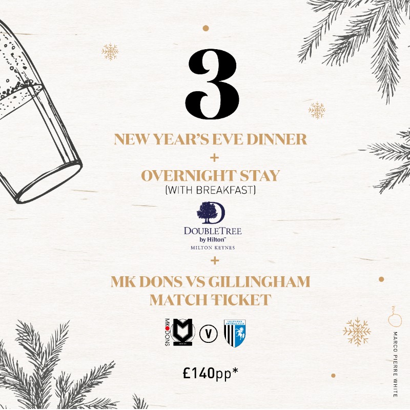 Stadium_MK's tweet photo. Celebrate 2021 in style at @mpwmiltonkeynes 🥂

End the year in luxury with 3 Packages

1️⃣ NYE Meal 
2️⃣ NYE Meal &amp; Overnight Stay at @doubletreemk
3️⃣ NYE Meal, Overnight Stay &amp; Watch @MKDonsFC v Gillingham

Christmas Day is already 𝙎𝙊𝙇𝘿 𝙊𝙐𝙏
Book now, avoid missing out 👇