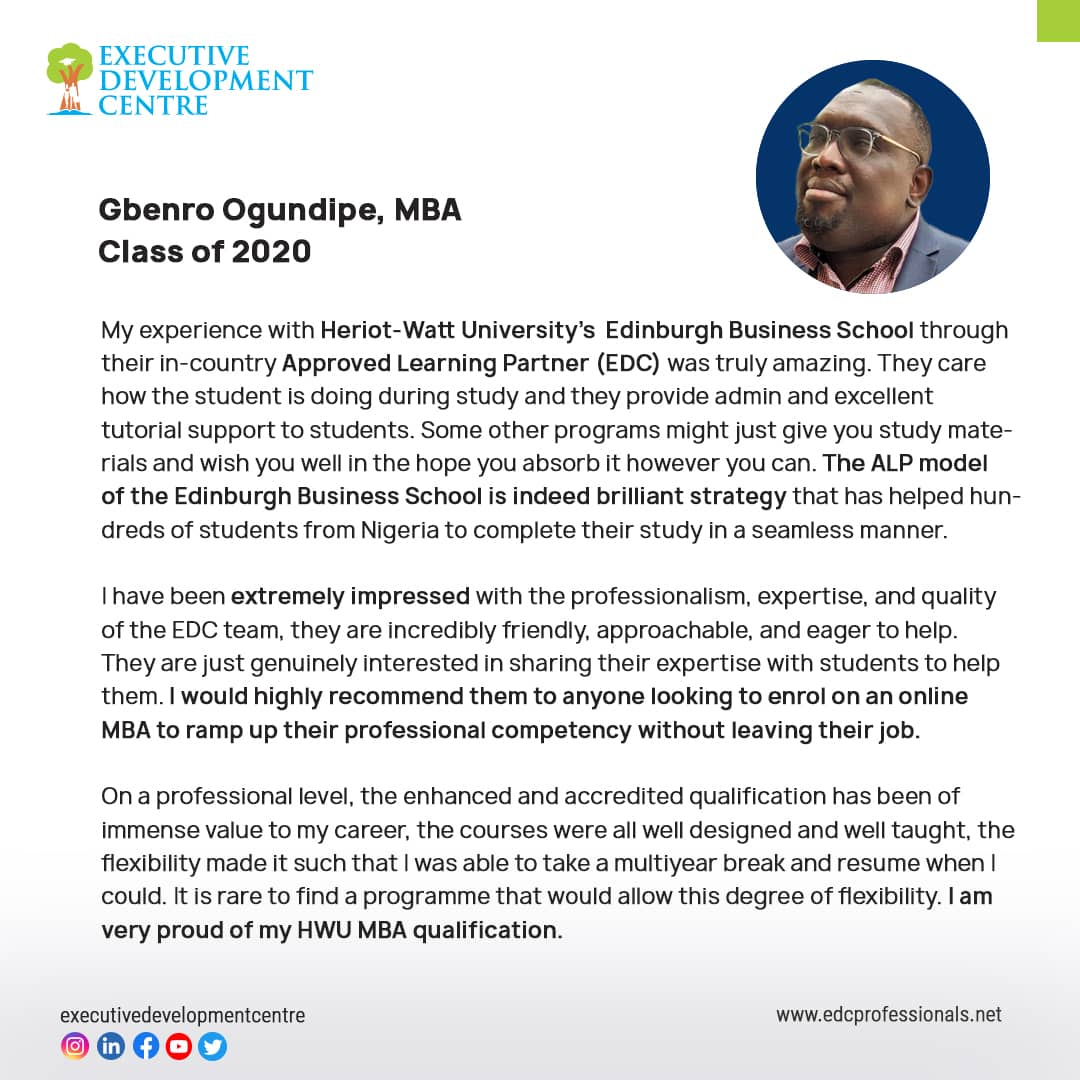 @gbenro shares his experience on his MBA journey. Be inspired by his story and achieve your goals..
#TuesdayTestimonial
#TestimonalTuesday
#OnlineMBA
#ExecutiveEducation
#EdinburghBusinessSchool
#ExecutiveDevelopmentCentre
#HWU