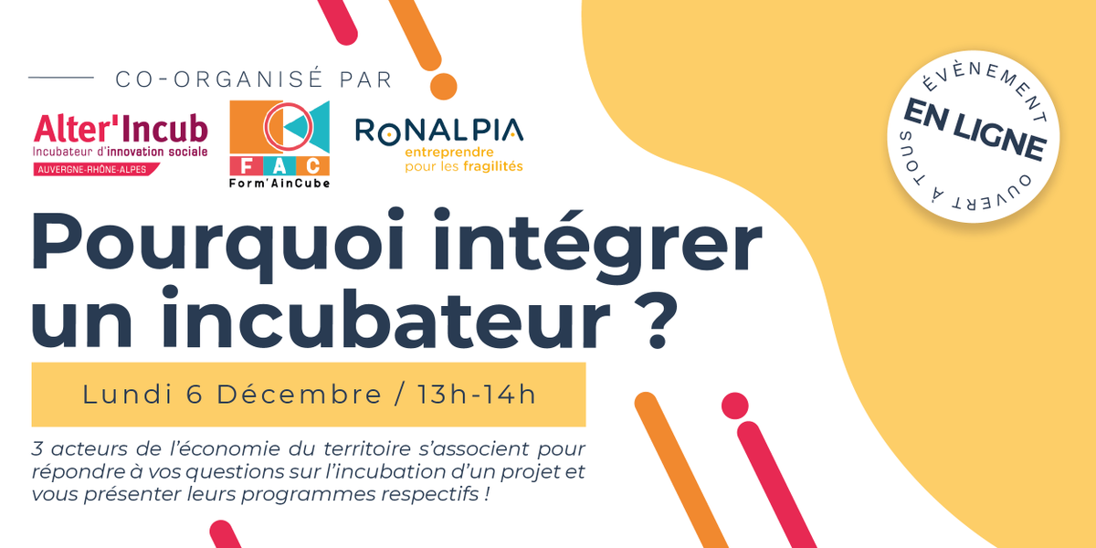 AlterIncubAURA's tweet photo. 👋 Rejoignez-nous le 06/12 de 13h à 14h pour une visioconférence animée par des professionnels experts de l'#accompagnement ! On va vous présenter @AlterIncubAURA, @ronalpia et Form'AinCube, co-créé par la #Scop #Lukéa et #LAB01 !
>> Gratuit sur inscription👉 stephanie@lab01.fr https://t.co/76HgPAtBjW