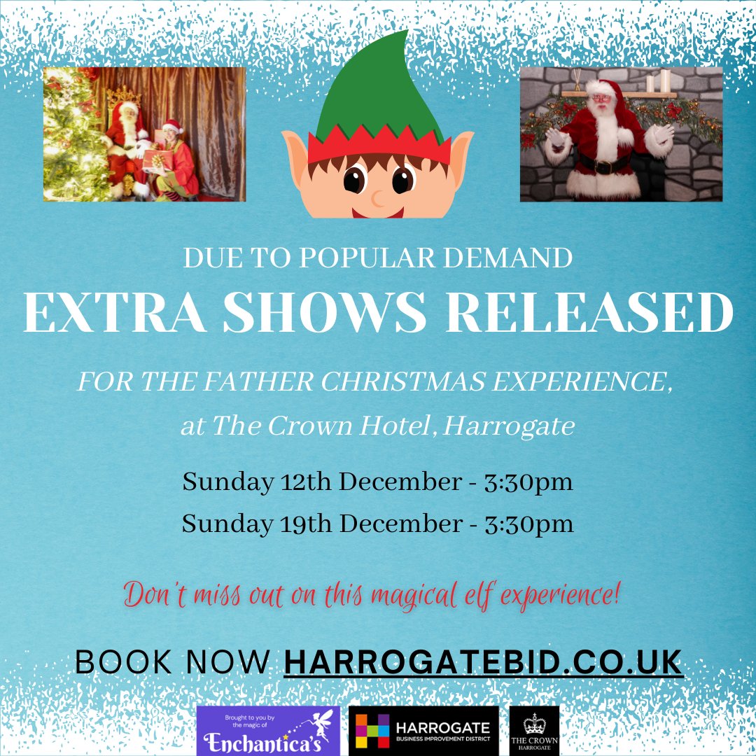 BidHarrogate's tweet photo. 🎅 EXTRA SHOWS RELEASED! 🎅

Due to incredibly popular demand, we have added some extra shows to The Father Christmas Experience! ⛄

Tickets are selling quickly, make sure you don't miss out on this magical experience! Click the link to book 🎅
https://t.co/oBPhET5pAV https://t.co/rafr5lFD3e
