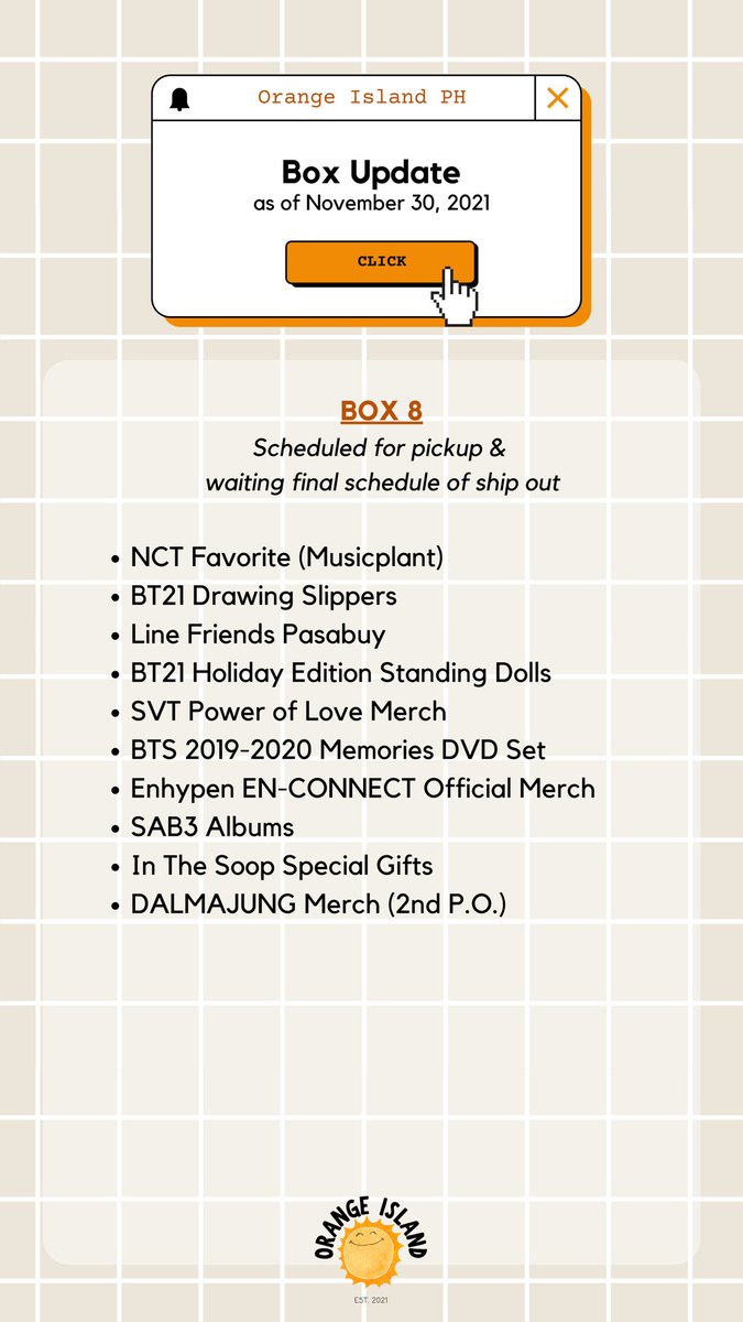 orangeislandph's tweet photo. Quick #OIPH_Updates din for Box 8 and other KR address arrivals 

Sorry ngayon lang napost. Nabusy tayo sa pag-pack eh. Rest assured naman na we kept tracking our items pa rin even while we were busy packing 🧡 https://t.co/4MDSaS8qsL