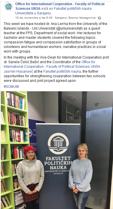 canas_lerma's tweet photo. Muy recomendable participar en Programa #ErasmusPlus #K107, para incentivar movilidad del profesorado de la @UIBuniversitat. Hemos comenzado a tejer lazos para futuras colaboraciones en docencia e investigación en #TrabajoSocial con las compañeras de la #SarajevoUniversity #BiH https://t.co/HCzyrmi9Nx