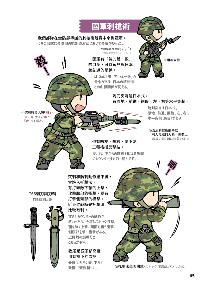 >RT
台湾一般兵向けの銃剣術は日本式銃剣術+アメリカ式ストック打撃の融合体の基本型。幹部の銃剣術はより実戦向けの第一・第二教習。 
