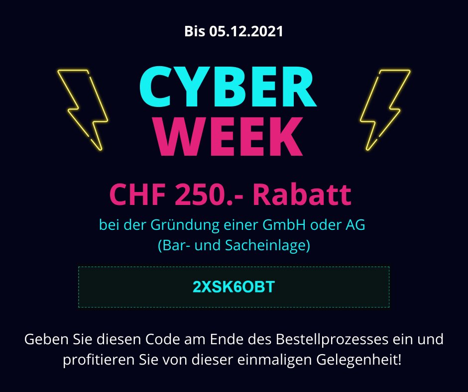 STARTUPSCH's tweet image. It’s Cyber Week!⚡
Wir verlängern unsere unglaubliche Aktion um eine Woche. 🤩
Bis Sonntag, den 5. Dezember, können Sie bei der Gründung einer GmbH oder AG (Bar- und Sacheinlage) CHF 250.- sparen.

#cyberweek #cyberweekdeal #startups #entrepreneurship