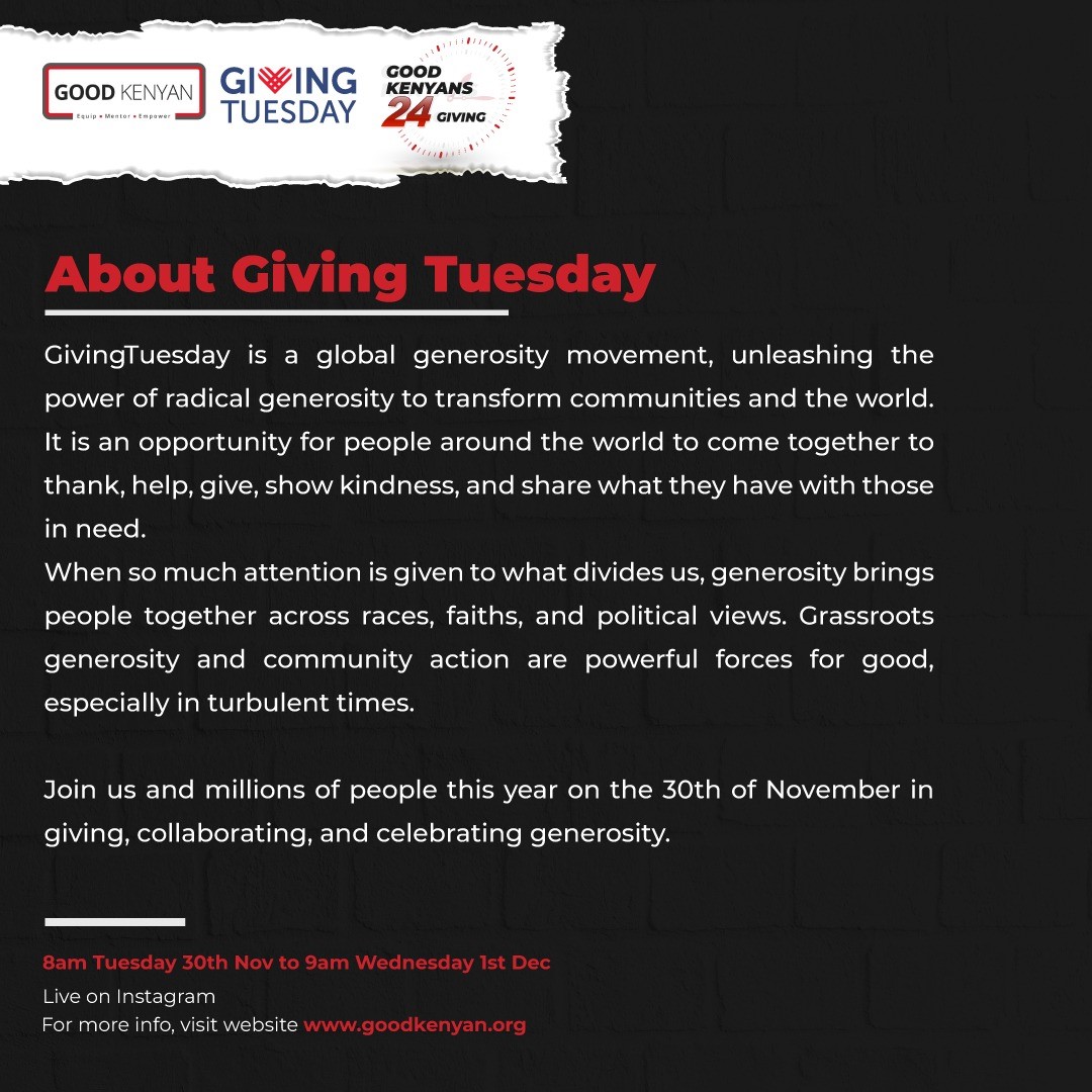 galanaenergies's tweet photo. The @GoodKenyann Foundation needs a little bit of help from everyone to help raise $24,000 to mentor and empower 240 youth from vulnerable communities. 

Donate money and share your generosity with the world today.

#GivingTuesday #GivingTuesday2021  #GoodKenyans24Giving https://t.co/jqJM25u8JH
