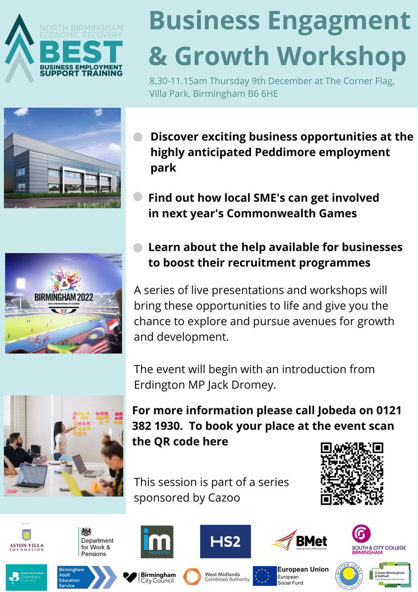 The <a href="/PeddimoreBham/">@PeddimoreBham</a> Employment Park &amp; #Commonwealth Games 2022 offer businesses a wealth of opportunity for #growth &amp; #development. Find out how at this unique workshop. Scan the QR code or book your place on Eventbrite. bit.ly/3p7kFUq <a href="/BhamCityCouncil/">Bham City Council</a> <a href="/localitynews/">Locality</a>