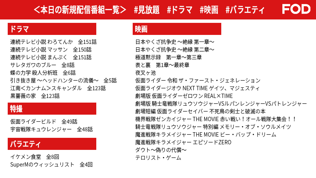 公式 Fod 動画も雑誌も見放題 本日の Fodプレミアム 新着作品 本日配信の作品は画像をご覧ください ドラマ 連続テレビ小説 わろてんか マッサン まんぷく サレタガワのブルー 特撮 仮面ライダービルド 宇宙戦隊 キュウ