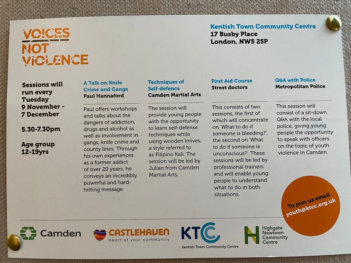 KTCC Youth (@ktcc_youth) on Twitter photo Tonight we continue our #voicesnotviolence project with <a href="/paulhannaford/">Paul Hannaford BEM🥇</a> coming to speak with the young people about #knifecrime #drugs #gangs #addiction. If you are between 12-19yrs and want to attend please get in contact.
<a href="/KentishTownCC/">Kentish Town Community Centre</a> <a href="/CCA_Camden/">Castlehaven Community Association</a> <a href="/CamdenCouncil/">Camden Council</a> Tonight we continue our #voicesnotviolence project with <a href="/paulhannaford/">Paul Hannaford BEM🥇</a> coming to speak with the young people about #knifecrime #drugs #gangs #addiction. If you are between 12-19yrs and want to attend please get in contact.
<a href="/KentishTownCC/">Kentish Town Community Centre</a> <a href="/CCA_Camden/">Castlehaven Community Association</a> <a href="/CamdenCouncil/">Camden Council</a>
