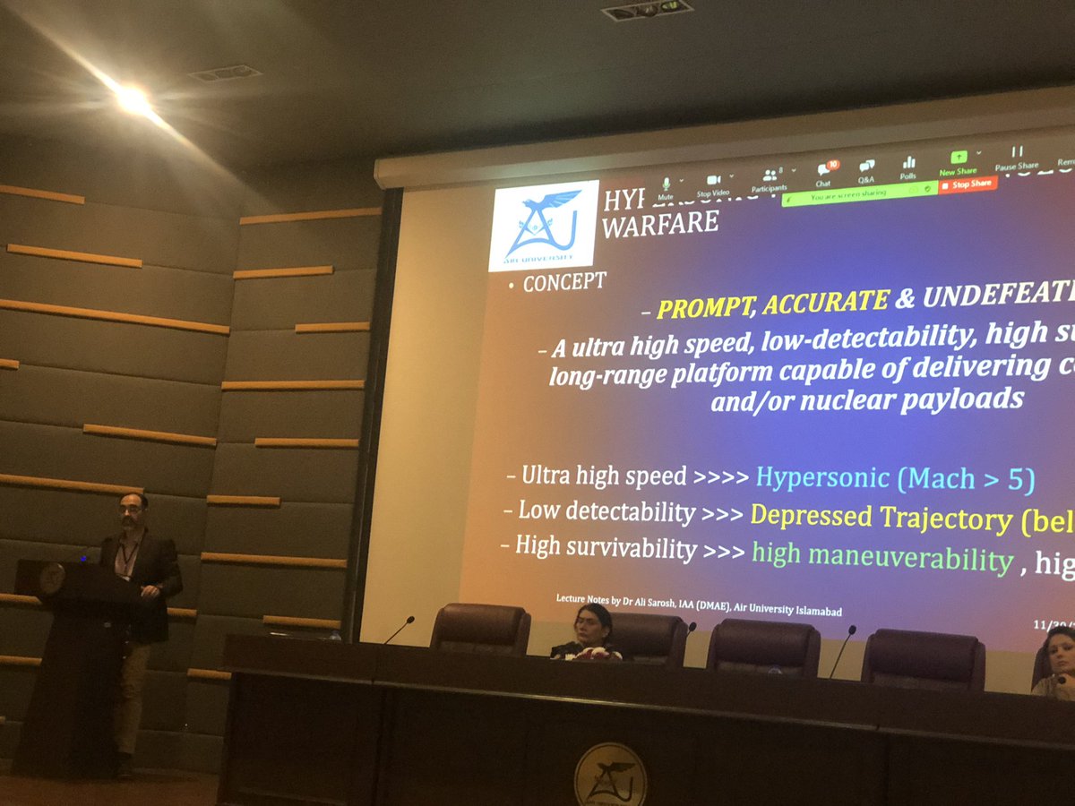 SaraNazir13's tweet image. 3rd panel!! @DrAliSarosh with a very interesting topic 
@AZonaib @Air_University 
#IntlConference21 #DASSS #FASSS #AU 
#HypersonicWeapons #RegionalStability #NonTraditionalThreats
