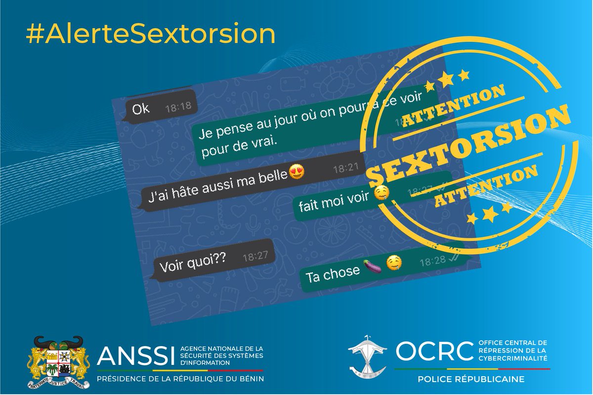 numeriquebenin's tweet photo. La sextorsion est une forme d'arnaque qui fait de plus en plus de victimes au Bénin et dans la sous-région. 

A la veille de cette période de fêtes de fin d’année, voici quelques recommandations de l' @Anssi_Benin et de @ocrc_benin.

#BeninNumerique 
#gouvbenin https://t.co/Wdaq3AwPHG